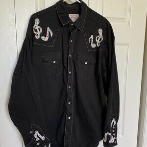 Vintage Tru-West Rockmout Ranch Wear MusicNote Rhinestone Pearl Snap Shirt MenXL